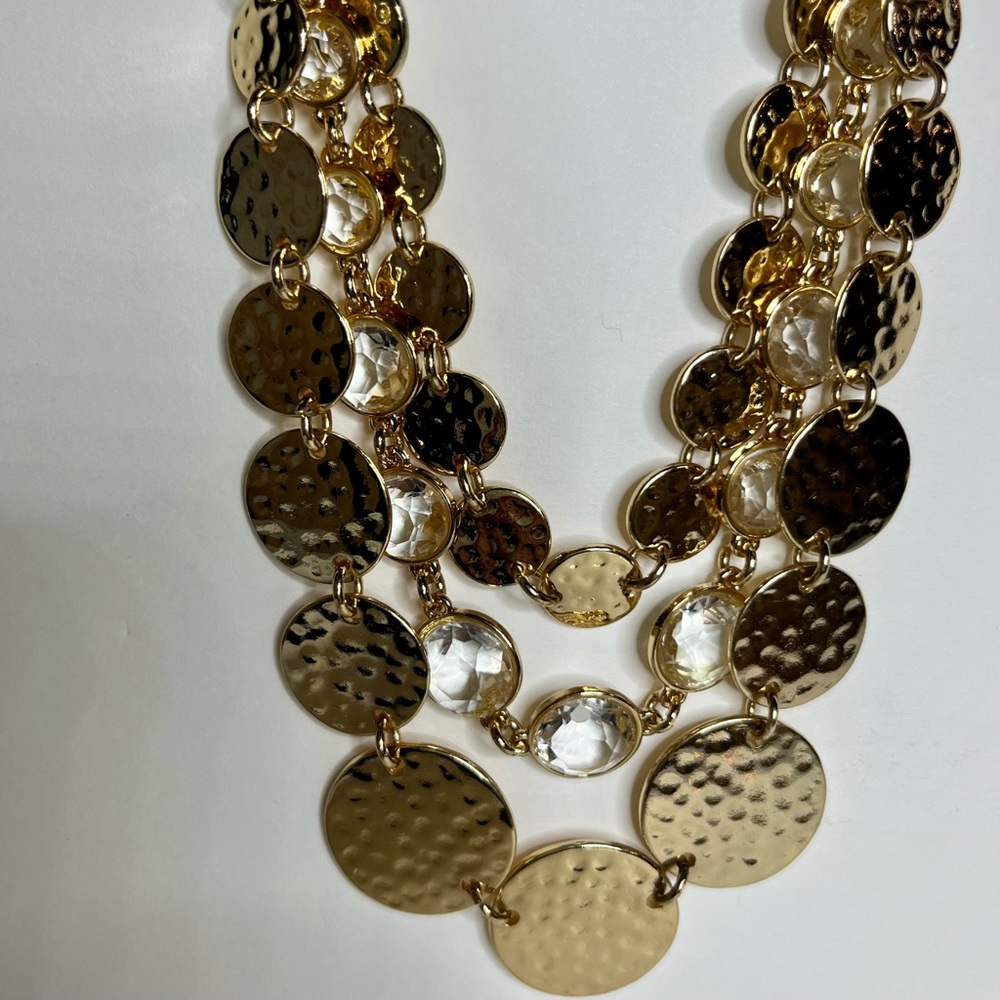Dana Buchman Statement Necklace. Hammered Gold Tone & Clear Bezel.